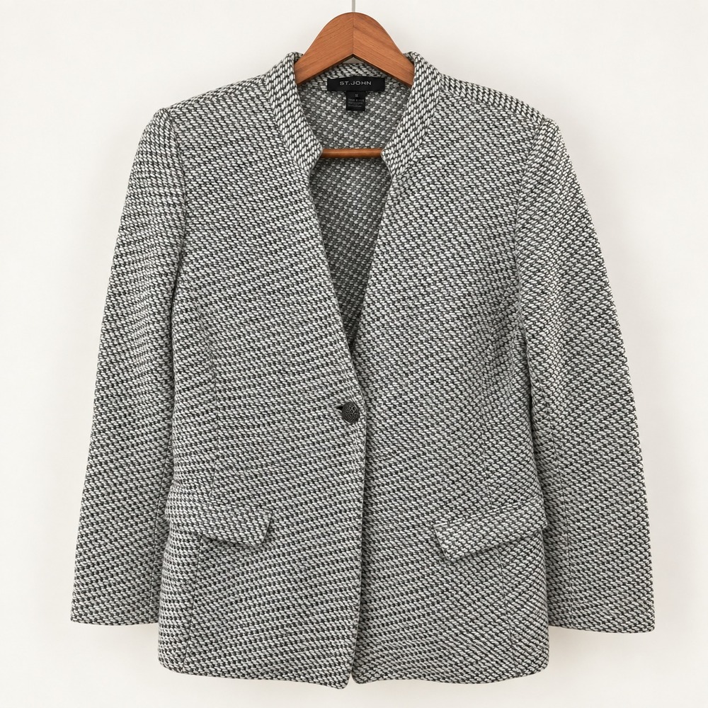 St. John Boucle Knit Blazer Jacket Womens 12 Gray White Tweed